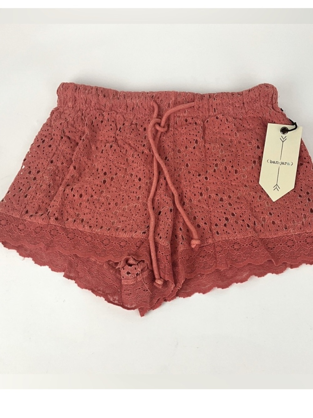 Ban Jara High-Waist Eyelet Lace Shorts in Terracotta Pink